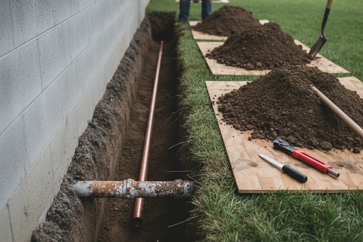 Excavated water line trench during Sewer Line Repair in Severna Park